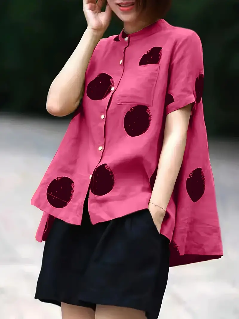 Green Dot Print Patchwork Linen Top Button Stand Collar Summer