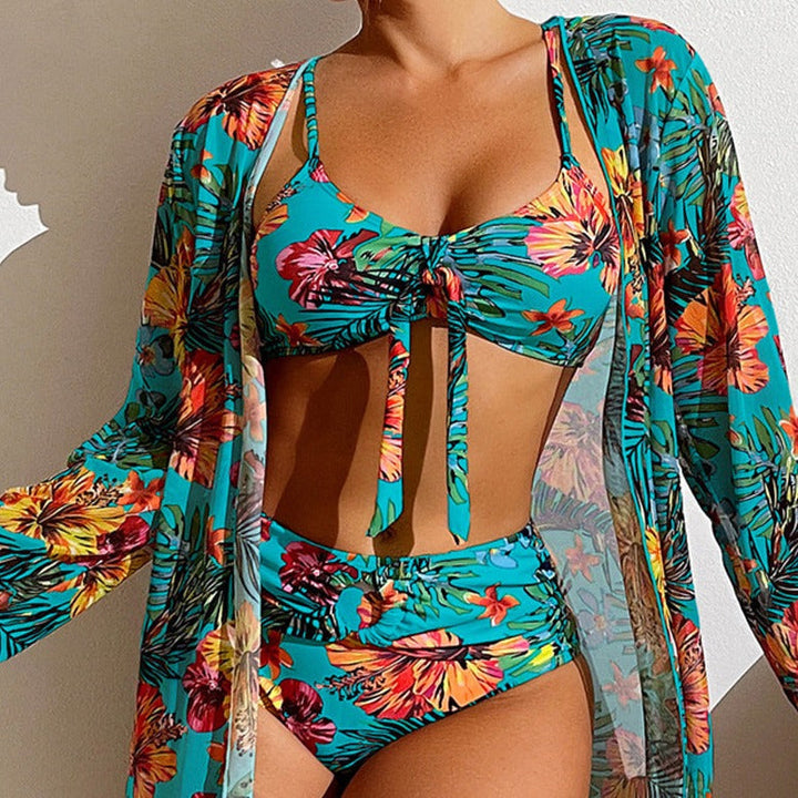 CD | Bikini floral din 3 piese cu acoperitor