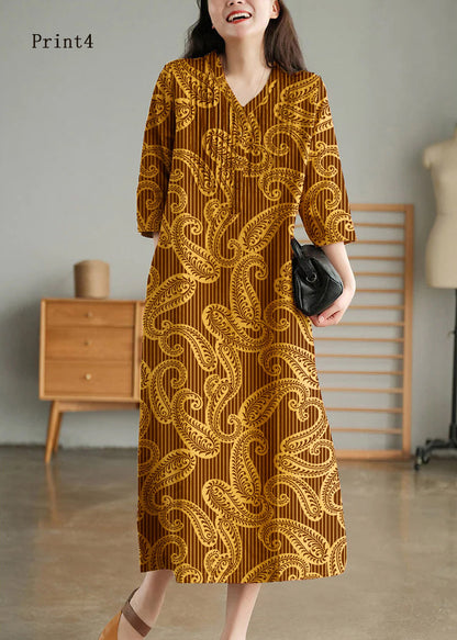 Grey Print7 Loose Linen Long Dresses Button Half Sleeve