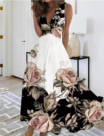 CD | Rochie maxi florală fără mâneci cu decolteu în V
