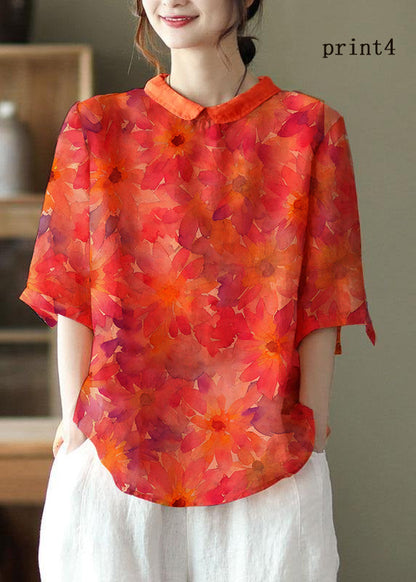 Diy Orange Print Ramie Half Sleeve Shirt Summer