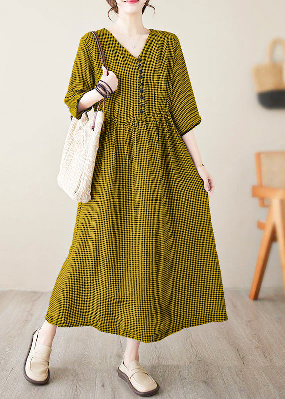 Green V Neck Plaid Patchwork Button Linen Maxi Dresses Summer