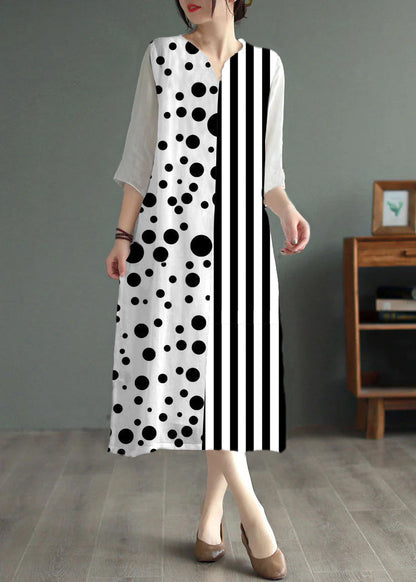 White Geometry Patchwork Linen Dresses V Neck Embroidered Bracelet Sleeve