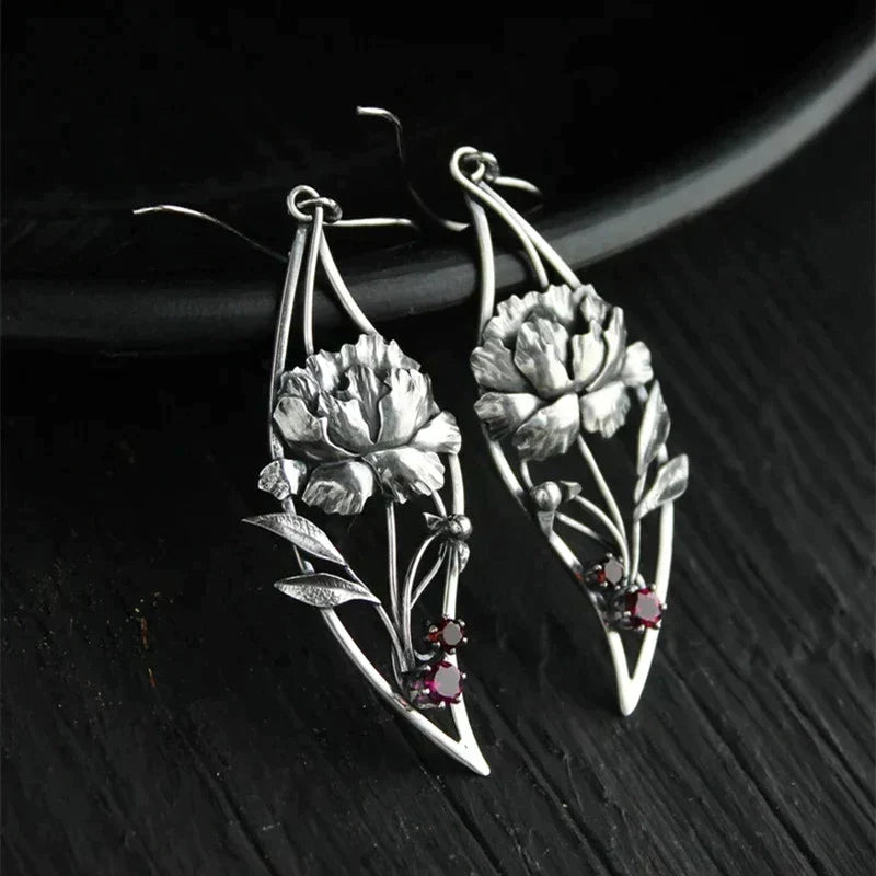 Boho Floral Earrings With Crystals In Sterling Silver