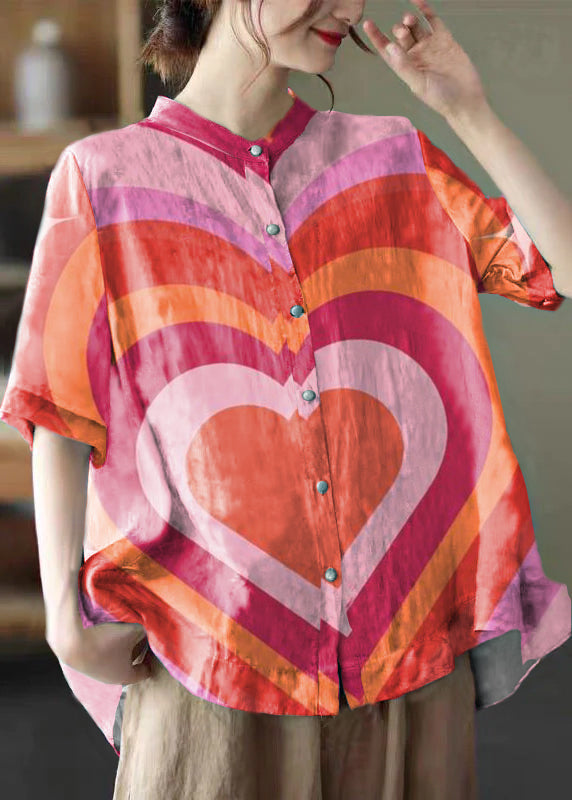 Colorful Geometry Stand Collar Print Tops Half Sleeve