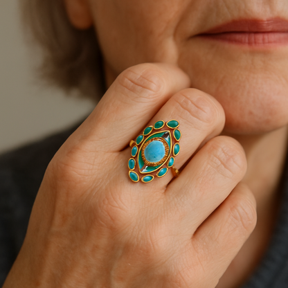 Blue Ring With Vintage Crystals And Opal