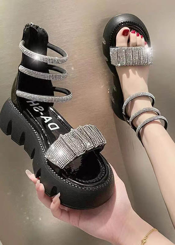 Splicing Zircon Platform Sandals Green Faux Leather