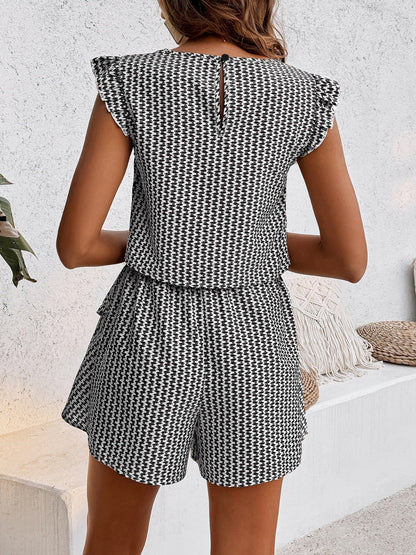 CD | Honey Top imprimat cu decolteu rotund și set de pantaloni scurți cu mai multe straturi