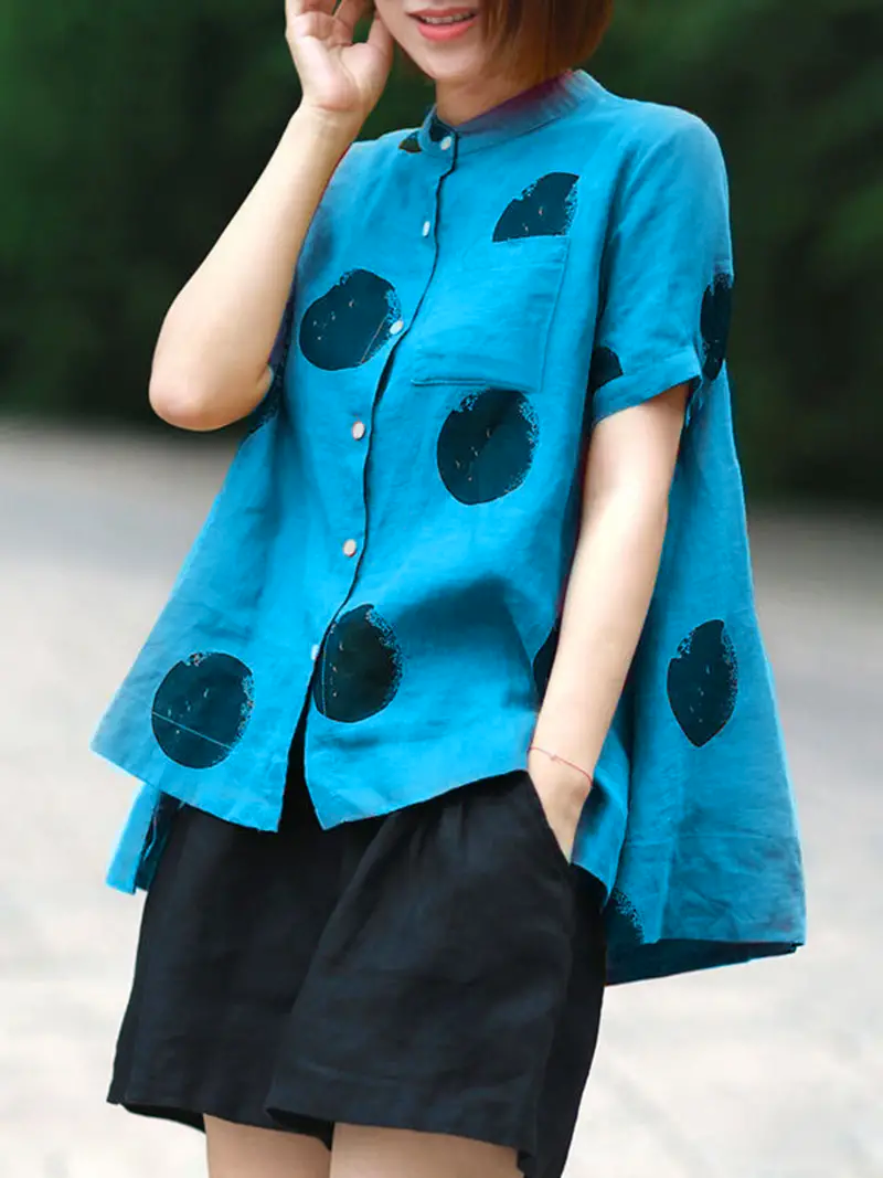 Pink Dot Print Patchwork Linen Top Button Stand Collar Summer