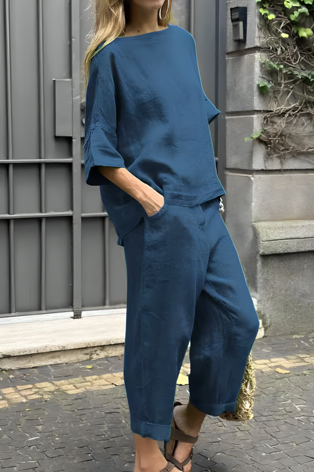 CD | Set casual pentru femei din bumbac și in cu bluză și pantaloni