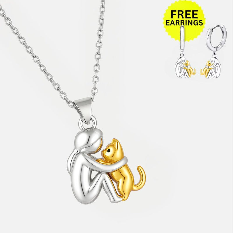 Cat Hug Pendant Necklace With Bonus Earrings ��� Offer