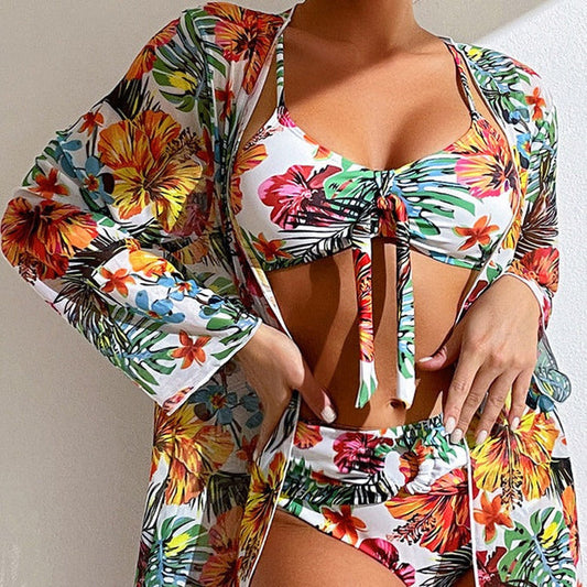 CD | Bikini floral din 3 piese cu acoperitor