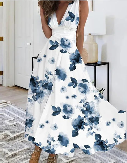 CD | Rochie maxi florală fără mâneci cu decolteu în V