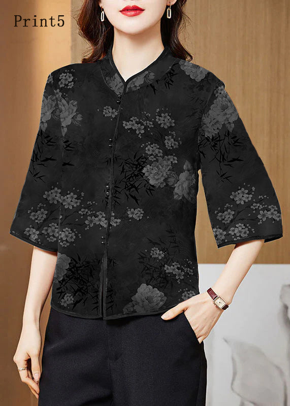 Red Mandarin Collar Print Silk Shirt Tops Half Sleeve