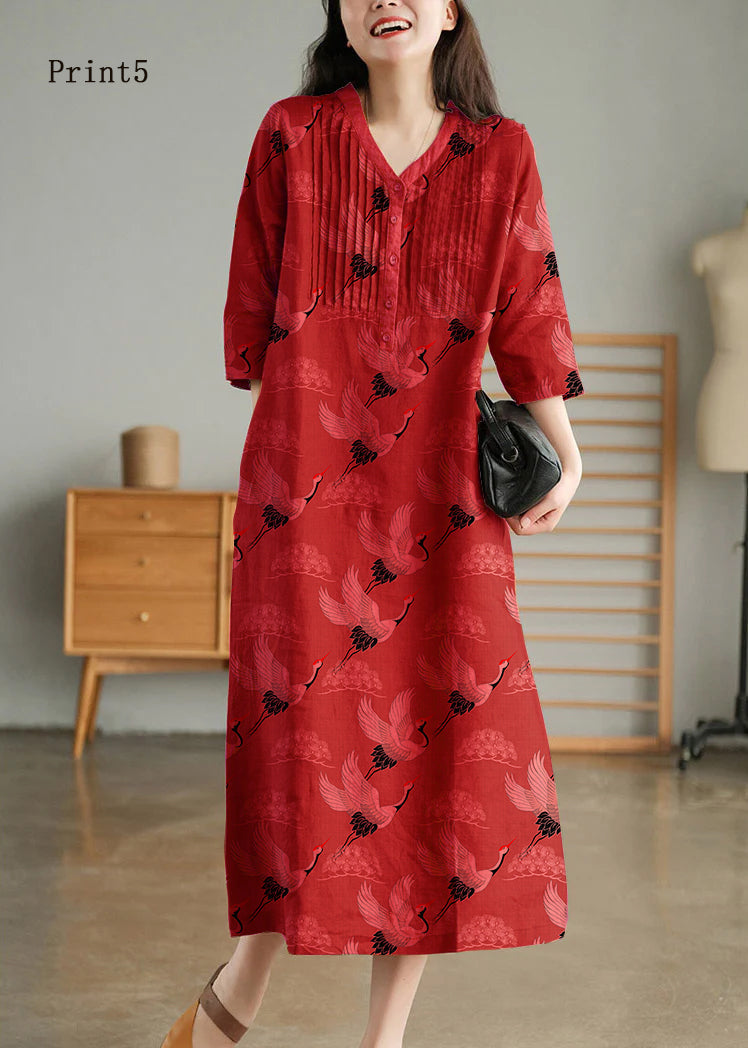 Yellow Loose Linen Long Dresses Button Half Sleeve