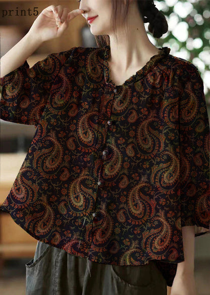 Brown Geometry V Neck Ruffled Print Linen Blouse Top Half Sleeve