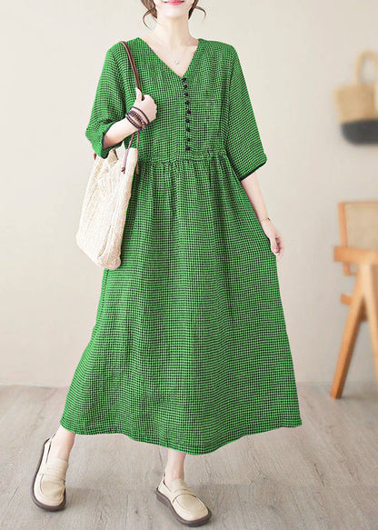 Wine Red V Neck Plaid Patchwork Button Linen Maxi Dresses Summer