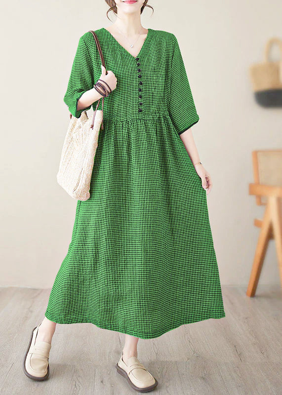 Wine Red V Neck Plaid Patchwork Button Linen Maxi Dresses Summer