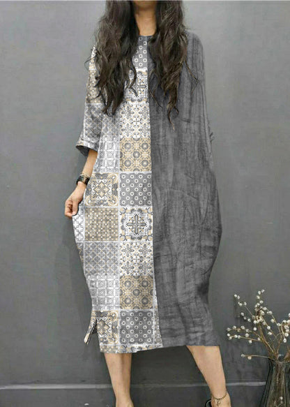 Green Text O-neck Wrinkled Side Open Linen Long Dress Batwing Sleeve