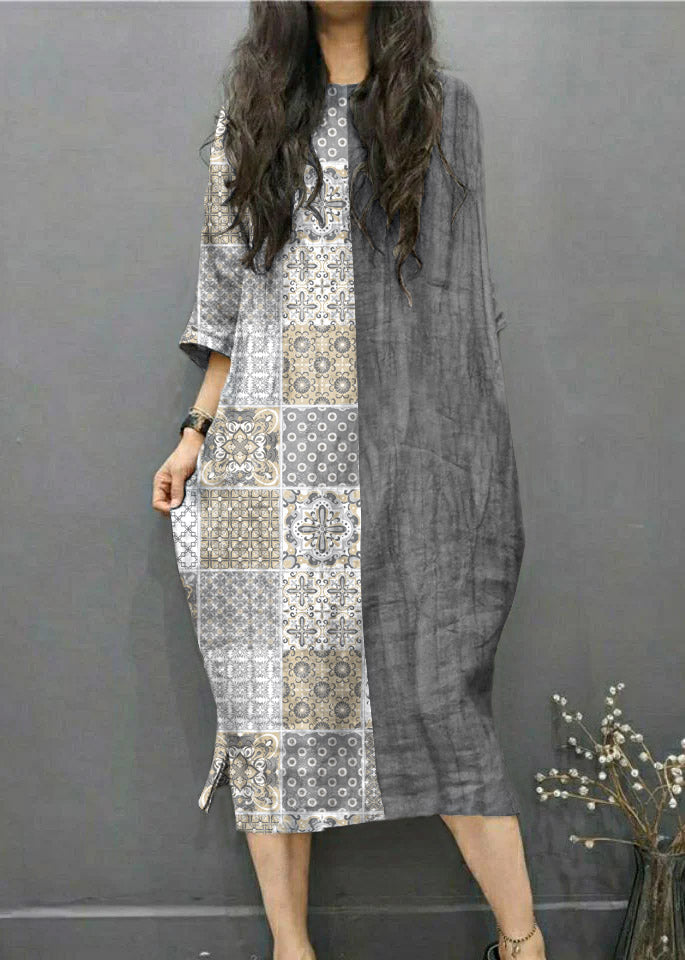 Gray Geometry O-neck Wrinkled Side Open Linen Long Dress Batwing Sleeve