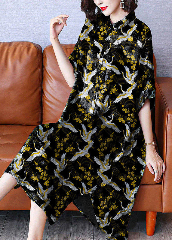 Stand Collar Print Button Side Open Low High Design Silk Maxi Dresses Half Sleeve