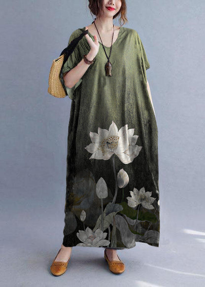 Italian Green Flowers V Neck Pockets Print Summer Holiday Dress Short Sleeve