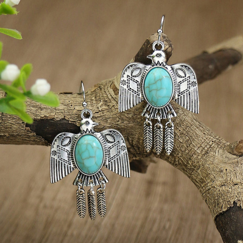 Silver Boho Bird Earrings With Opal