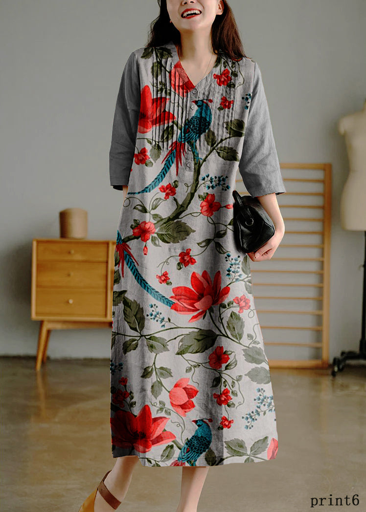 Blue Print10 Loose Linen Long Dresses Button Half Sleeve