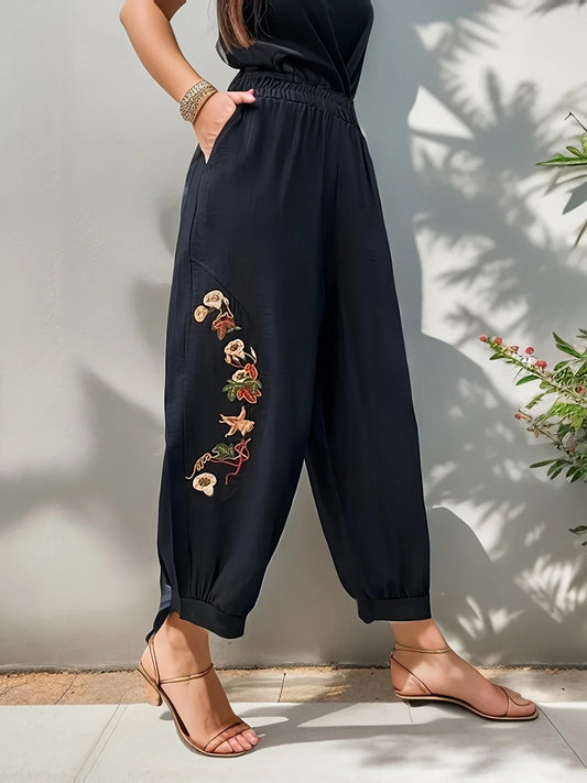 CD | Pantaloni casual eleganți cu broderie florală pentru femei