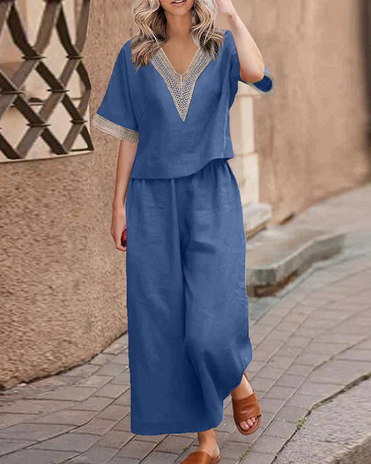 CD | Bluză elegantă cu decolteu în V și pantaloni elegant set pentru femei