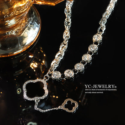 Light Black Four-petal Flower Pendant Necklace Female Niche Design Sweater Chain Flower Necklace Jewelry