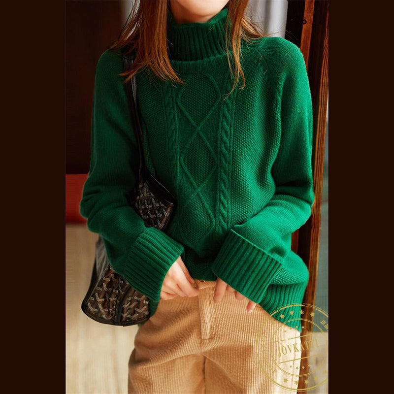 Green Clothes High Neck Spring Knitted Blouse