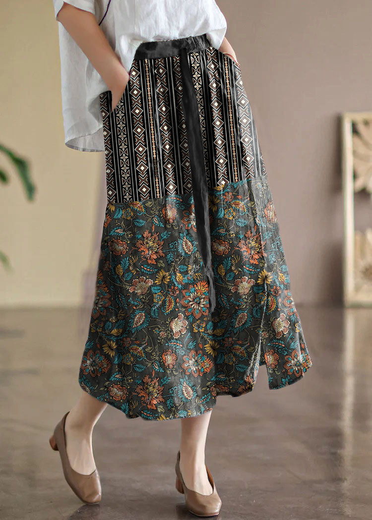 Khaki Elastic Waist Print Linen Skirts Summer
