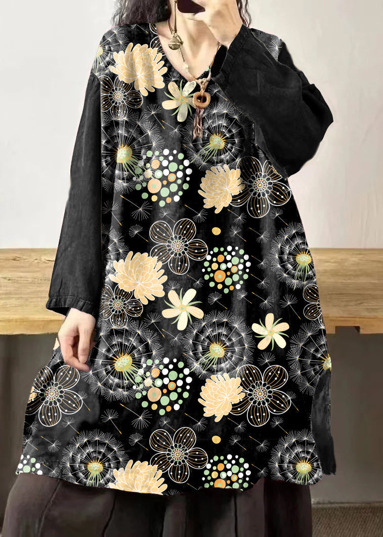 Yellow Sunflower V Neck Embroidered Patchwork Linen Mid Dresses Fall