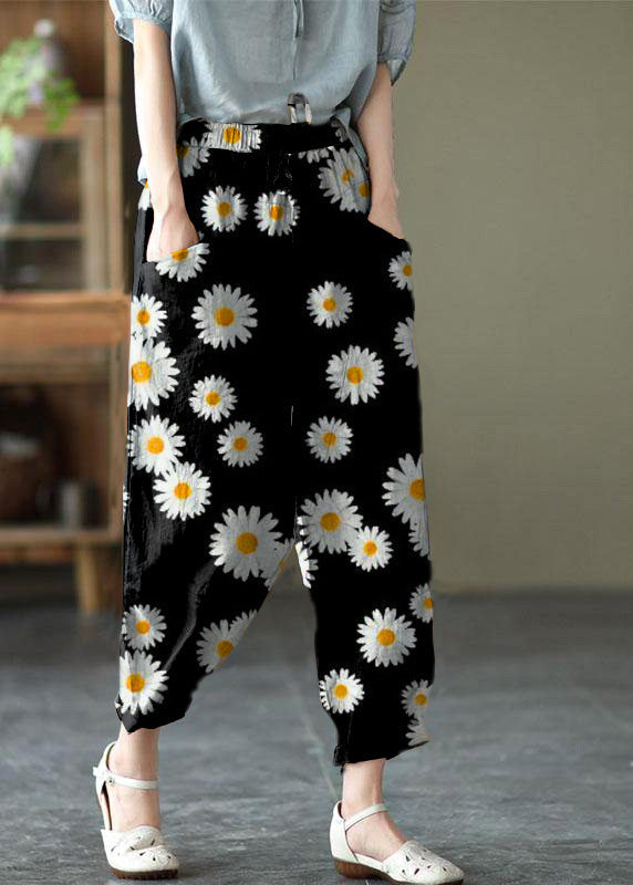 Art Grey Flower Tie Waist Pockets Summer Harem Pants Linen
