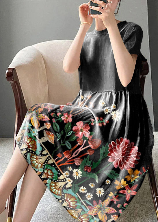 Brief Black Flower O-neck Patchwork Cotton Blend Dress Short Sleeve