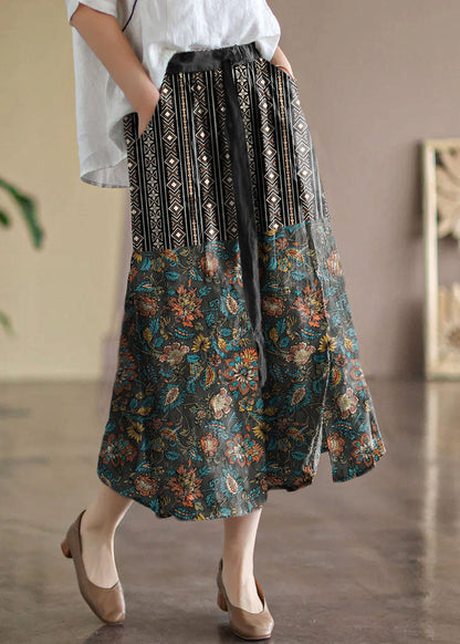 Black Flower Elastic Waist Print Linen Skirts Summer