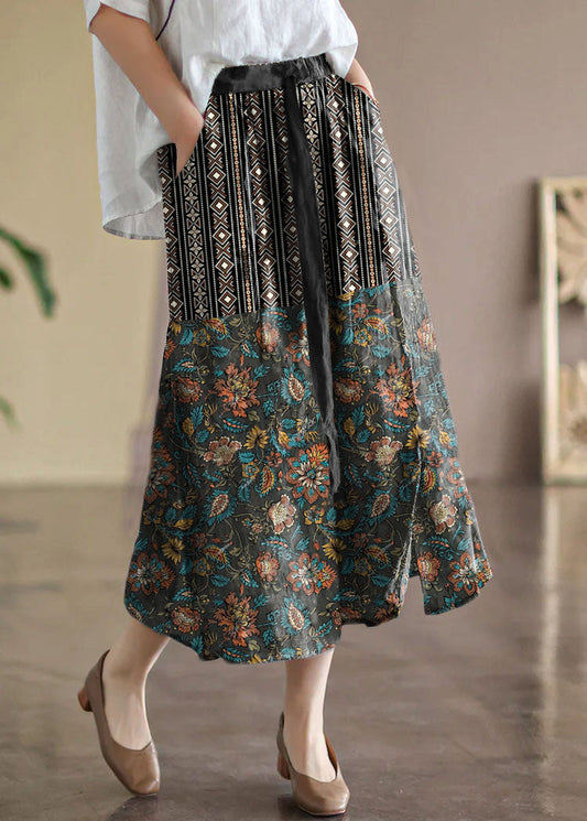 Black Flower Elastic Waist Print Linen Skirts Summer