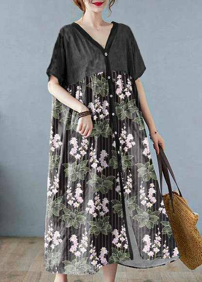 Grey Retro Button Summer Print Half Sleeve Maxi Dress