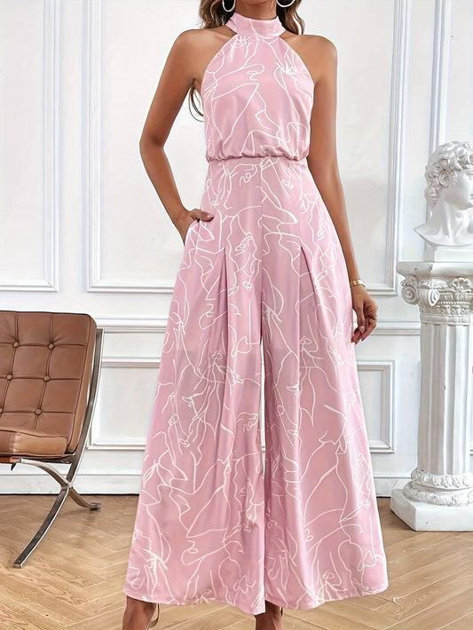 CD | Costum elegant cu pantaloni pentru femei, cu model abstract și guler tip halterneck