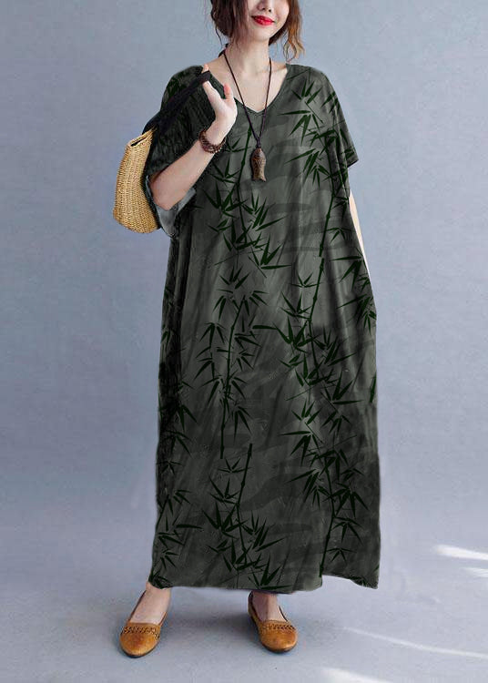 Italian Green Flowers V Neck Pockets Print Summer Holiday Dress Short Sleeve