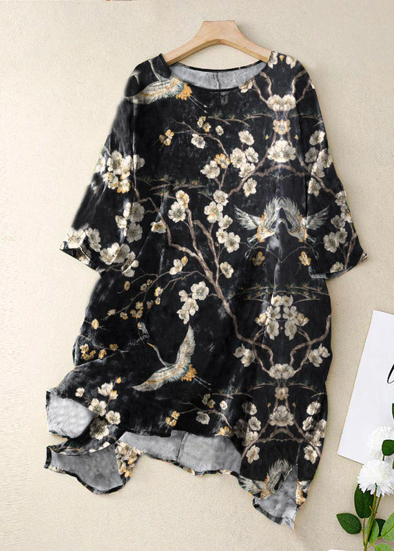 Black Flowers and Birds O Neck Print Patchwork Linen Mid Dress Bracelet Sleeve