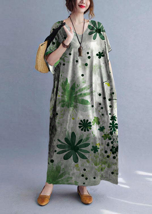Italian Green Flowers V Neck Pockets Print Summer Holiday Dress Short Sleeve