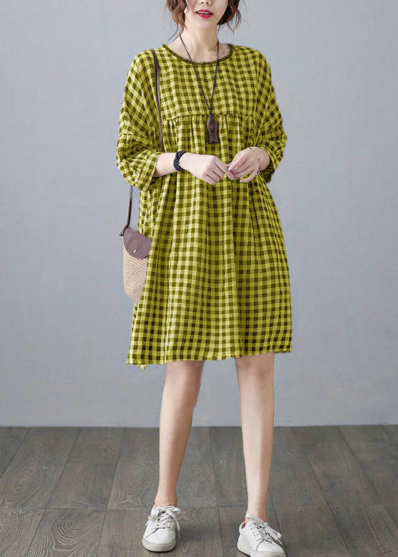 O-neck Wrinkled Pocket Blue Linen Loose Dresses Half Sleeve