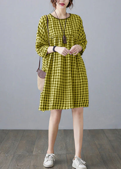 O-neck Wrinkled Pocket Blue Linen Loose Dresses Half Sleeve