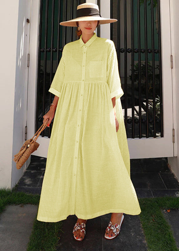 Yellow Peter Pan Collar Striped Button Pockets Wrinkled Long Dresses Half Sleeve