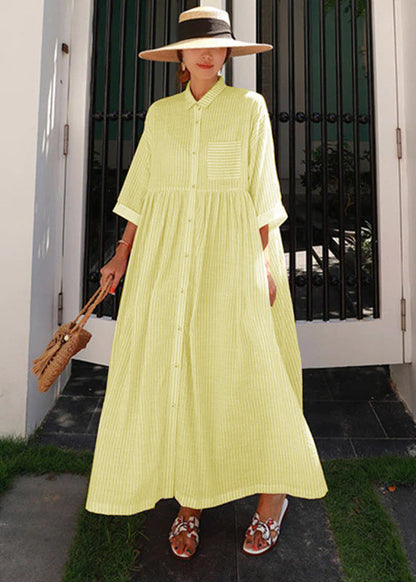 Yellow Peter Pan Collar Striped Button Pockets Wrinkled Long Dresses Half Sleeve