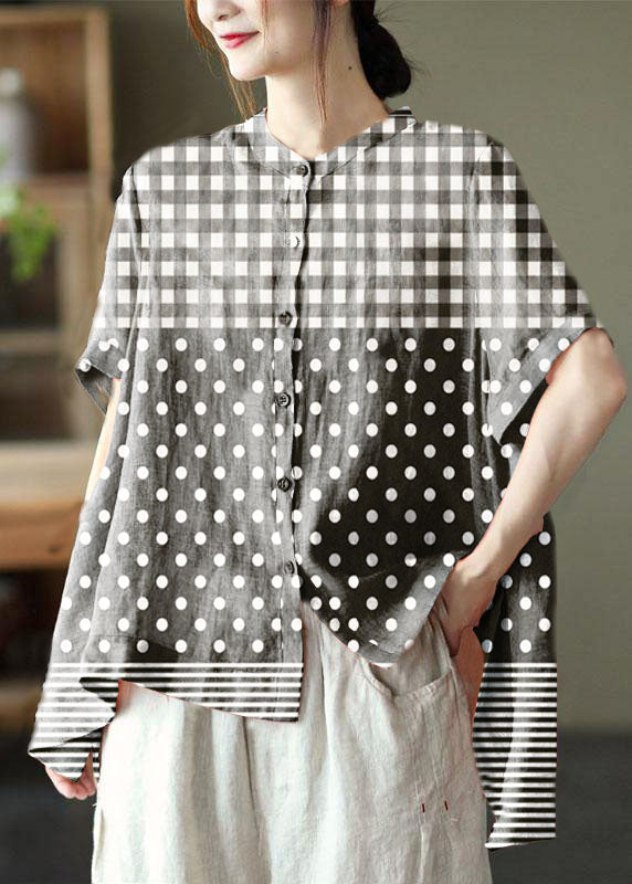 Black Geometry Summer Side Open Stand Collar Ramie Loose Short Sleeve