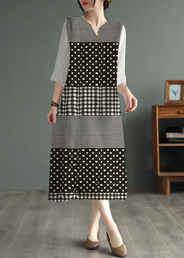 White Geometry Patchwork Linen Dresses V Neck Embroidered Bracelet Sleeve