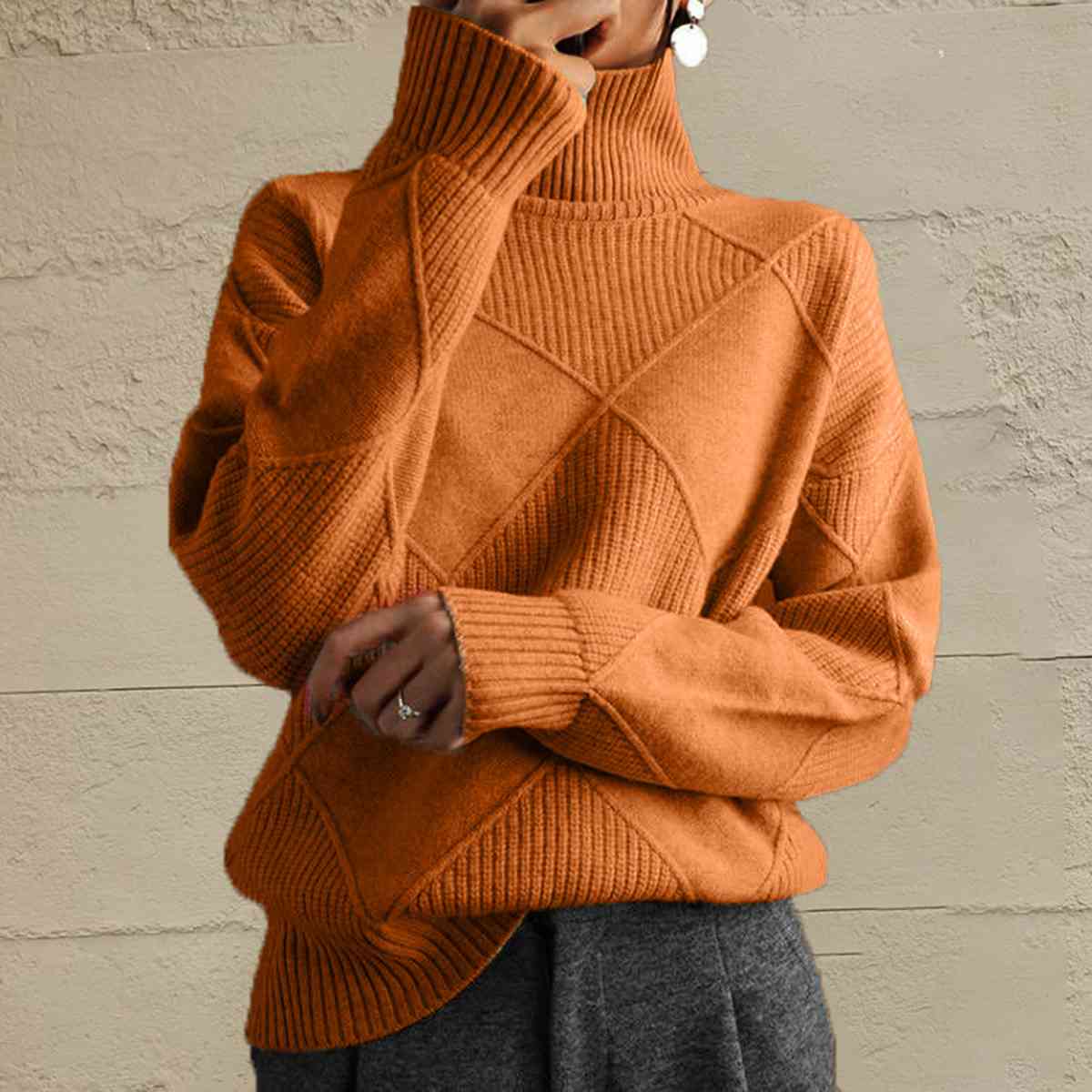 CD | Pulover chic cu guler tip broască țestoasă din tricot geometric